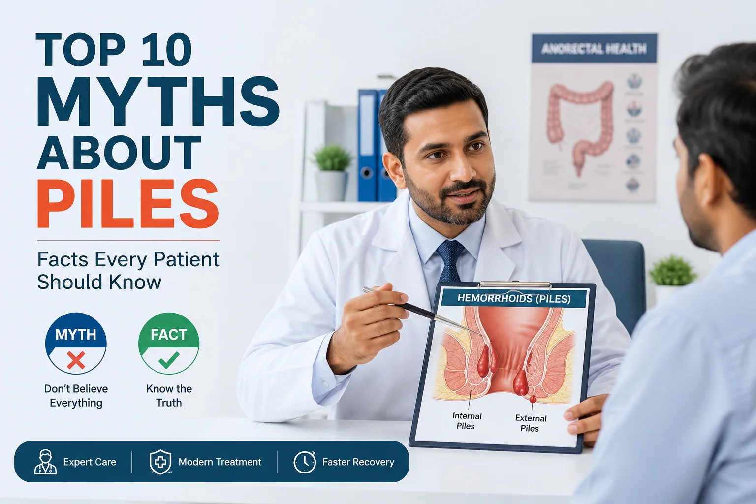 Doctor explaining common myths about piles and modern treatment options